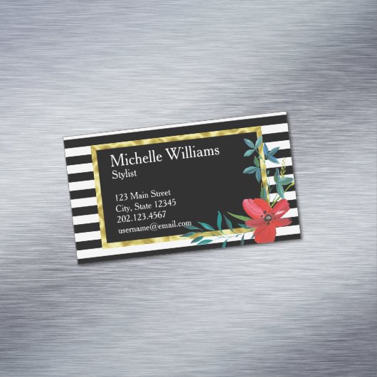 Bloemen Rood Zwart Wit Strepen Gouden Rand Visitekaartje Magneet (Voorbeeld)