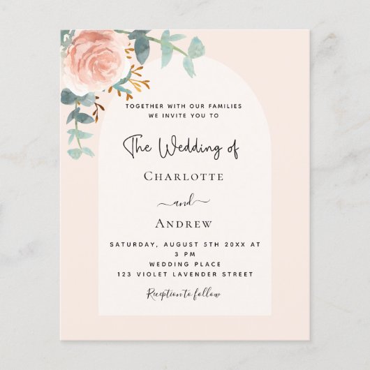 Bloemen roos blush arch QR RSVP huwelijksuitnodigi (Voorkant)