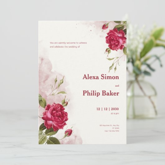 Bloemen Roos bruiloft Kaart (Staand voorkant)