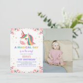 Bloemen Roos Eenhoorn Verjaardag Uitnodigingen w f (Staand voorkant)