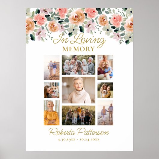 Bloemen Roos Foto Collage Uitvaart Memorial Welkom Poster (Voorkant)