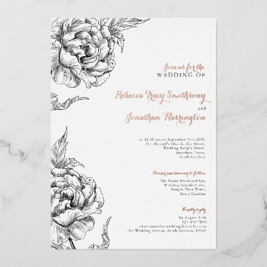  Bloemen Roos Goud Bruiloft Folie Uitnodiging (Voorkant)