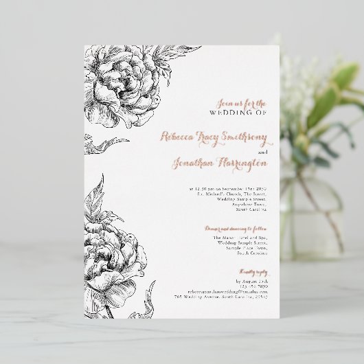  Bloemen Roos Goud Bruiloft Folie Uitnodiging (Staand Voorkant)