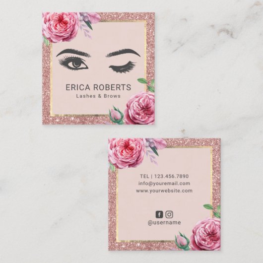  Bloemen Roos Goud Glitter Wink Eye Beauty Vierkante Visitekaartje (Voorkant / Achterkant)
