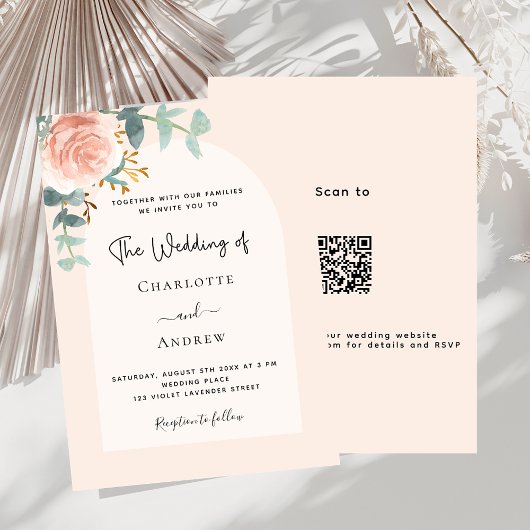 Bloemen roos gouden blos boog QR code RSVP bruilof Kaart