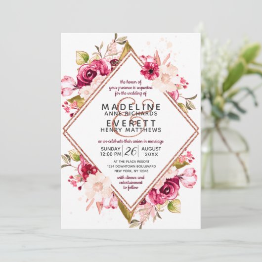 Bloemen & Roos Gouden Diamant Bruiloft Uitnodiging (Staand voorkant)