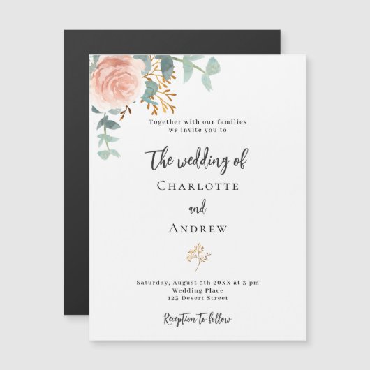 Bloemen roos gouden eucalyptus luxe bruiloft magnetische uitnodiging (Voorkant / Achterkant)