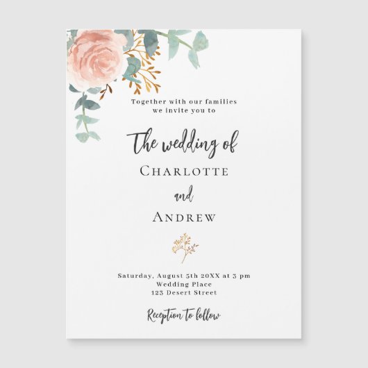 Bloemen roos gouden eucalyptus luxe bruiloft magnetische uitnodiging (Voorkant)