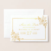Bloemen Roos Gouden Folie Bruiloft Save the Date Folie Kaarten (Voorkant met envelop)