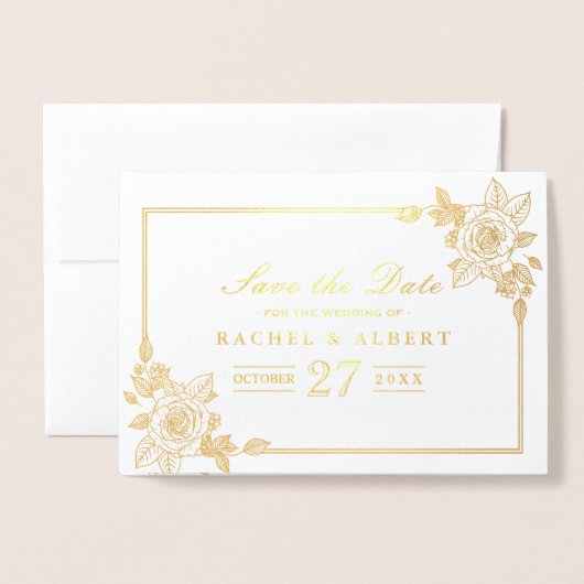 Bloemen Roos Gouden Folie Bruiloft Save the Date Folie Kaarten (Voorkant met envelop)