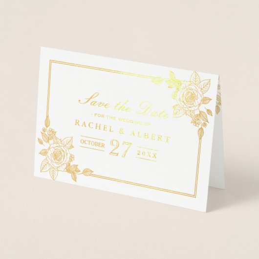 Bloemen Roos Gouden Folie Bruiloft Save the Date Folie Kaarten (Voorkant)