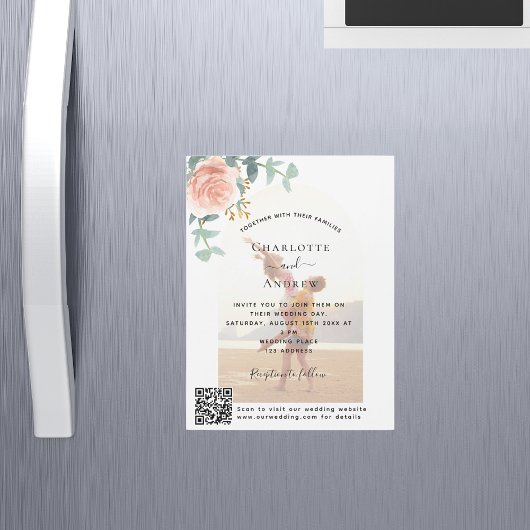 Bloemen roos gouden foto boog QR code luxe bruilof Magnetische Uitnodiging