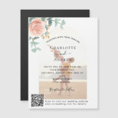 Bloemen roos gouden foto boog QR code luxe bruilof Magnetische Uitnodiging (Voorkant / Achterkant)
