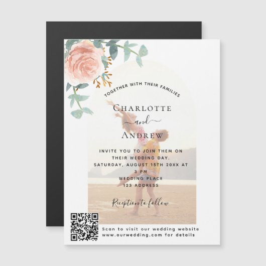 Bloemen roos gouden foto boog QR code luxe bruilof Magnetische Uitnodiging (Voorkant / Achterkant)