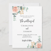 Bloemen roos gouden groen QR code details bruiloft Kaart (Voorkant)