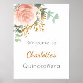 Bloemen roos gouden groen Quinceanera welkom Poster (Voorkant)