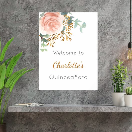 Bloemen roos gouden groen Quinceanera welkom Poster