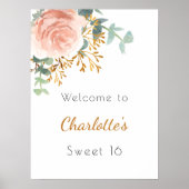 Bloemen roos gouden groen Sweet 16 welkom Poster (Voorkant)