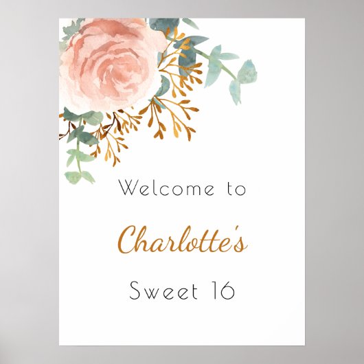 Bloemen roos gouden groen Sweet 16 welkom Poster (Voorkant)