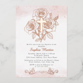 Bloemen Roos Gouden Kruis Meisje Roze Doop Folie Uitnodiging (Voorkant)