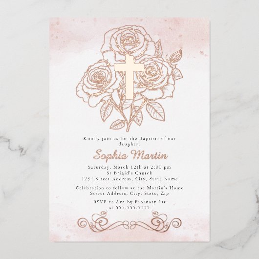 Bloemen Roos Gouden Kruis Meisje Roze Doop Folie Uitnodiging (Voorkant)