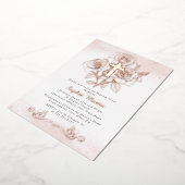 Bloemen Roos Gouden Kruis Meisje Roze Doop Folie Uitnodiging (Gedraaid)