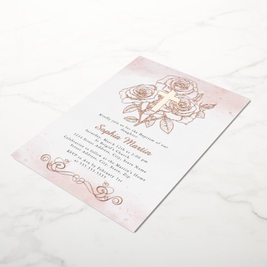 Bloemen Roos Gouden Kruis Meisje Roze Doop Folie Uitnodiging (Gedraaid)