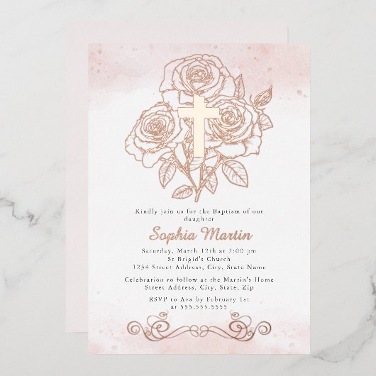 Bloemen Roos Gouden Kruis Meisje Roze Doop Folie Uitnodiging (Voorkant / Achterkant)