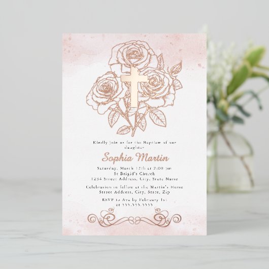 Bloemen Roos Gouden Kruis Meisje Roze Doop Folie Uitnodiging (Staand Voorkant)