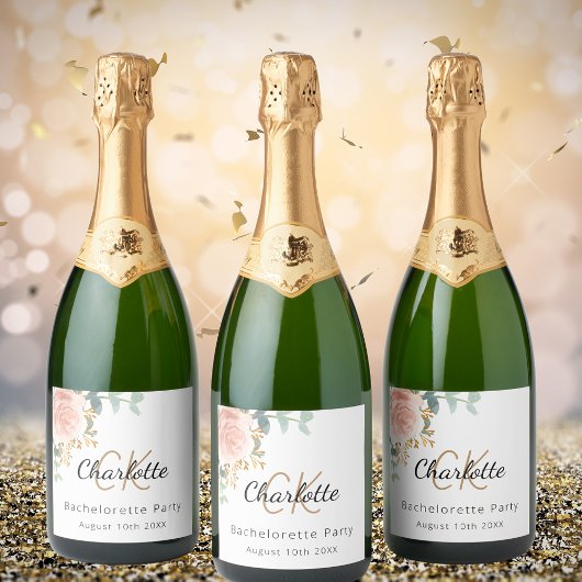 Bloemen roos gouden monogram Bachelorette Party Sparkling Wijnetiket