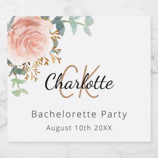 Bloemen roos gouden monogram Bachelorette Party Sparkling Wijnetiket (Enkel label)