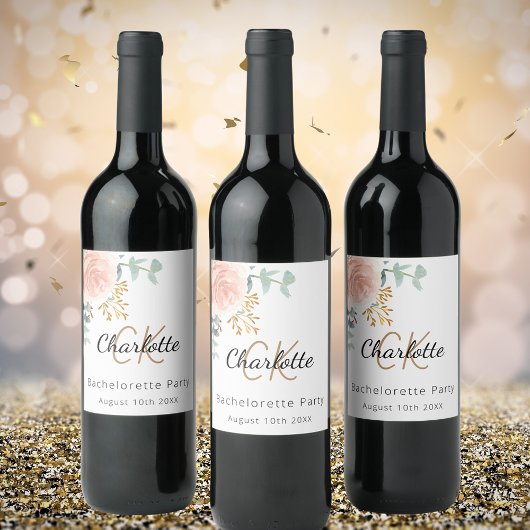 Bloemen roos gouden monogram Bachelorette Party Wijn Etiket