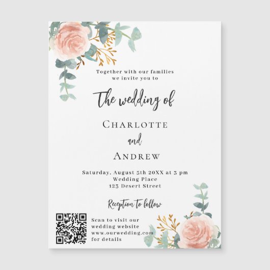 Bloemen roos gouden QR code details luxe bruiloft Magnetische Uitnodiging (Voorkant)