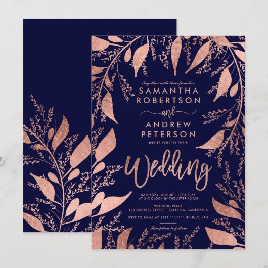 Bloemen roos gouden typografie navy blauw chique b kaart (Voorkant / Achterkant)