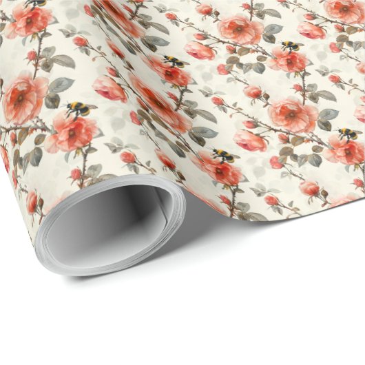 Bloemen Roos met Bumble Bee Botanical Gift Wrap Cadeaupapier (Rol Hoek)