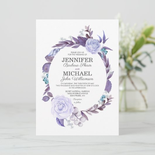 Bloemen Roos Paarse bladeren krans bruiloft Kaart (Staand voorkant)