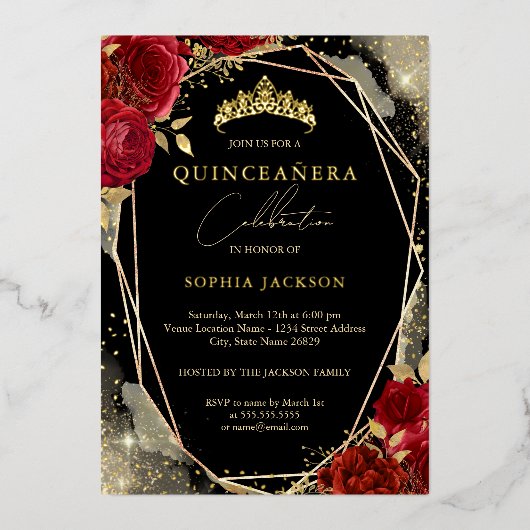 Bloemen Roos rood goud tiara quinceanera Folie Uitnodiging (Voorkant)