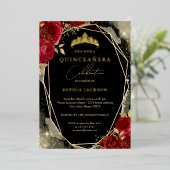 Bloemen Roos rood goud tiara quinceanera Folie Uitnodiging (Staand Voorkant)