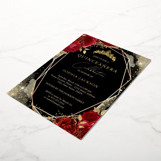 Bloemen Roos rood goud tiara quinceanera Folie Uitnodiging (Gedraaid)