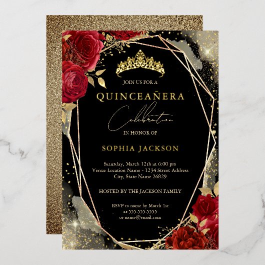 Bloemen Roos rood goud tiara quinceanera Folie Uitnodiging (Voorkant / Achterkant)