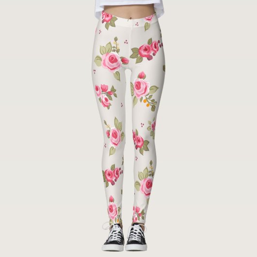 Bloemen Roos roze en beige Patroon Leggings (Voorkant)