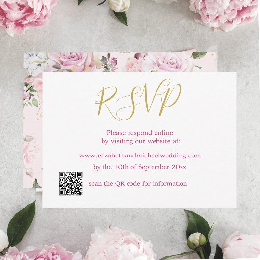 Bloemen Roos Roze QR Code Bruiloft RSVP Kaart