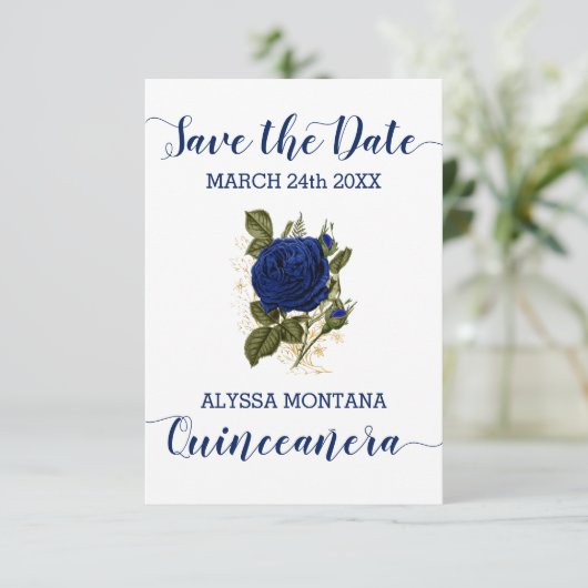  Bloemen Royal Blue Roos Quinceanera Save The Date (Staand voorkant)