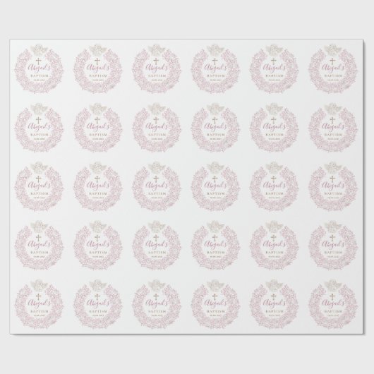 Bloemen Roze Baby Angel Cross Doop Cadeaupapier (Vlak)