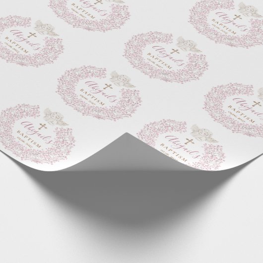 Bloemen Roze Baby Angel Cross Doop Cadeaupapier (Hoek)