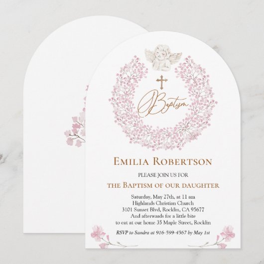 Bloemen Roze Baby Angel Cross Doop Kaart (Voorkant / Achterkant)