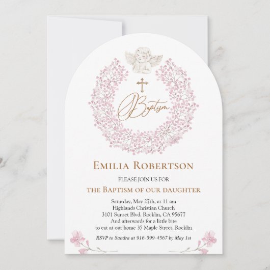 Bloemen Roze Baby Angel Cross Doop Kaart (Voorkant)