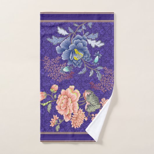 Bloemen Roze Blauw Paarse Gouden Streep Bloemen Bad Handdoek (Handdoek)