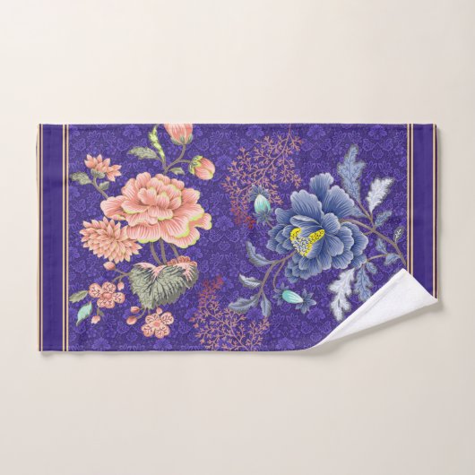 Bloemen Roze Blauw Paarse Gouden Streep Bloemen Bad Handdoek (Handdoek)