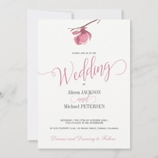 Bloemen roze blos en witte bruiloft modern script kaart (Voorkant)